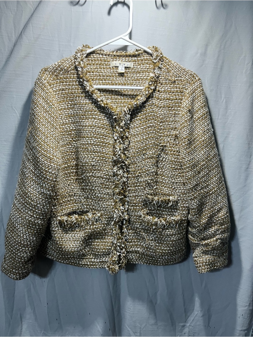 CAbi Cream and Gold Tweed Fringe Collarless Blazer